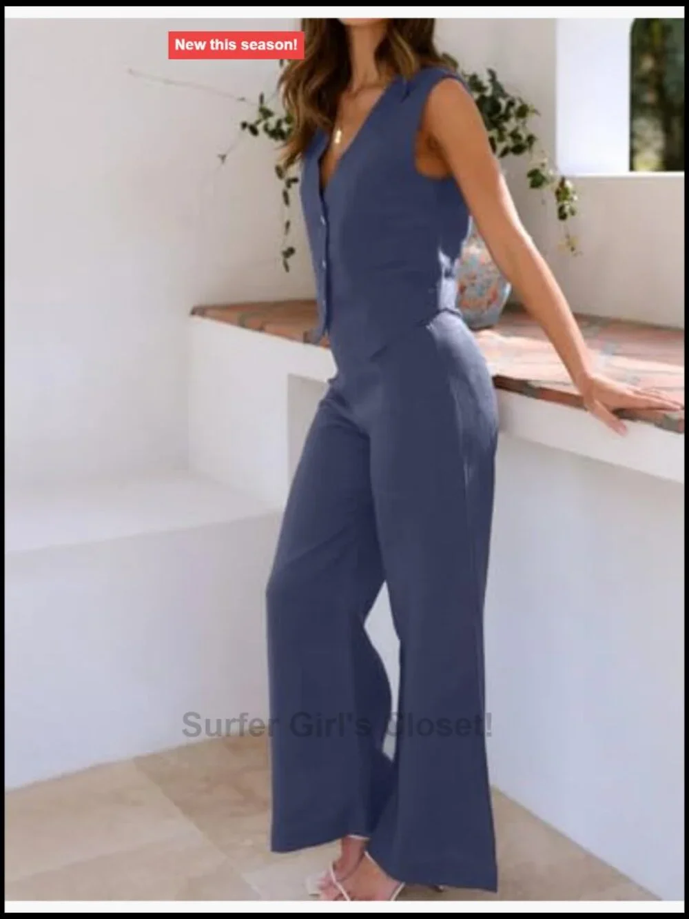 Women's 2 Piece Sleeveless Button Down Top & Wide Leg Pants Set - Picture 5 of 7